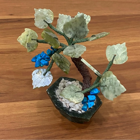 Vintage Carved Semi-Precious Stone Faux Turquoise Buds Bonsai Miniature Tree - Picture 4 of 12